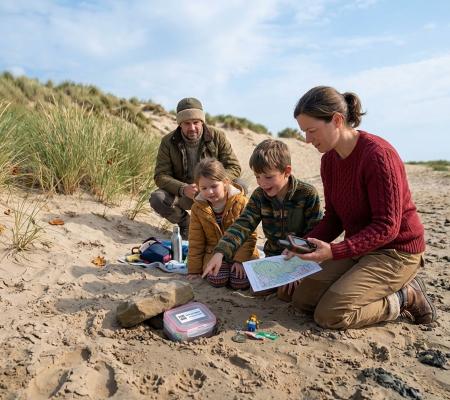 Een gezin zoekt een Geocache op het strand in de herfst