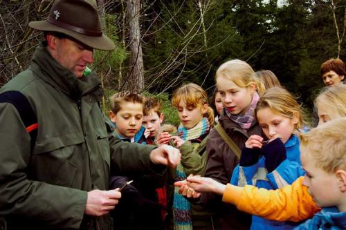 Boswachter van Staatsbosbeheer legt uit aan kinderen